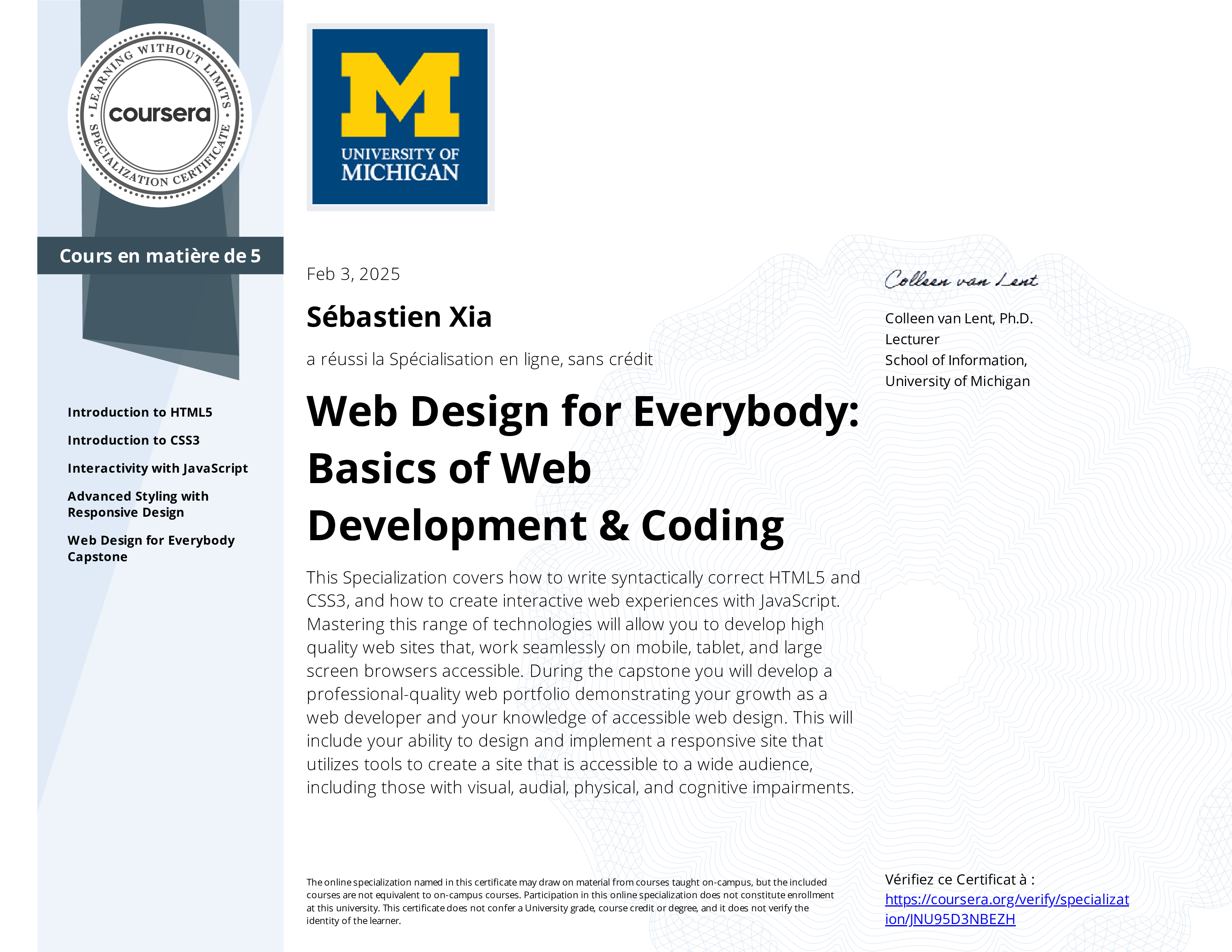 Certificat Specialisation Web Design Uni Michigan by Coursera
