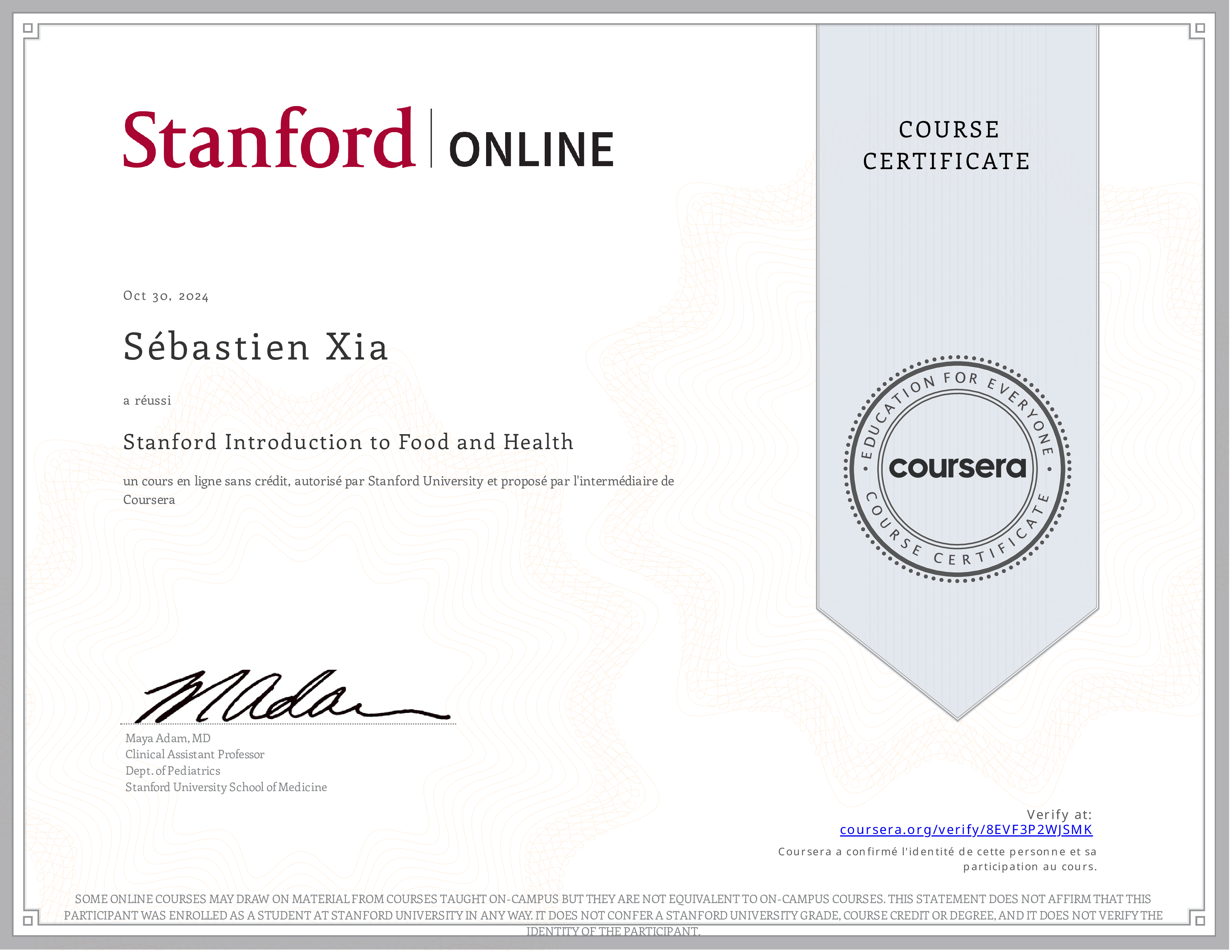 Certificat Food and Health Uni Standford by Coursera