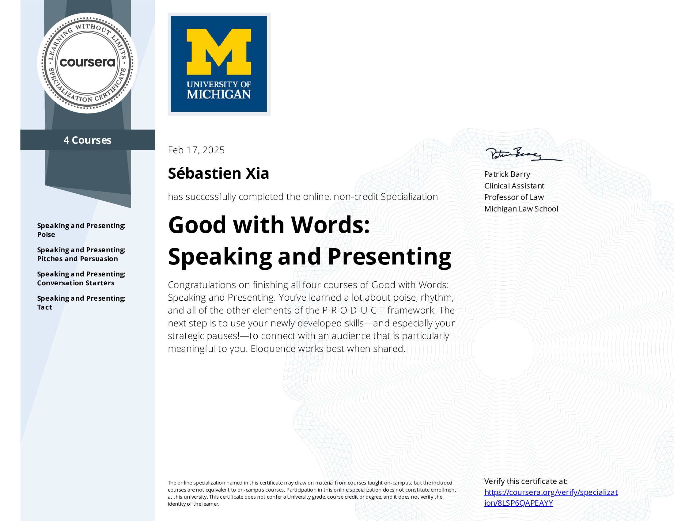 Certificat Good with Words Speaking and Presenting Uni Michigan by Coursera