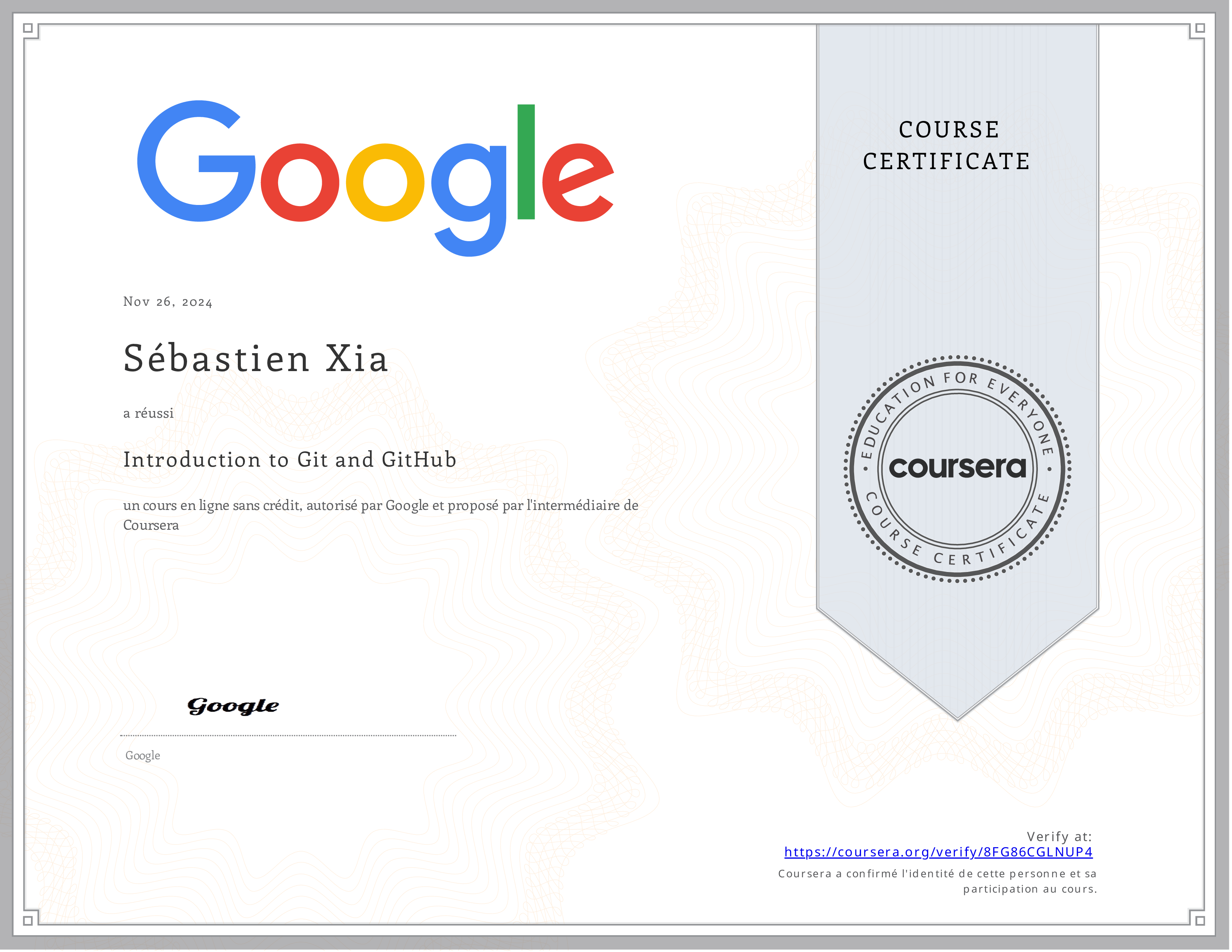 Certificat Github and Git Google by Coursera